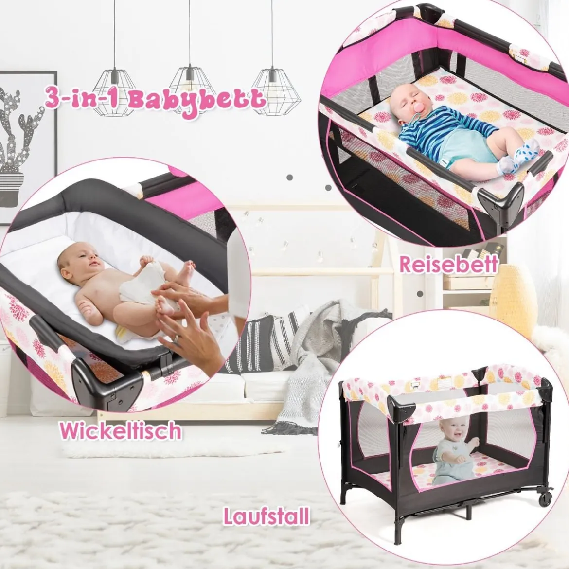 Babybett 4 in 1 Klappbares Reisebett & Beistellbett & Wickeltisch & Laufstall Schwarz+Rosa