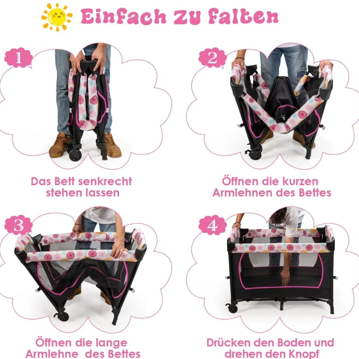 Babybett 4 in 1 Klappbares Reisebett & Beistellbett & Wickeltisch & Laufstall Schwarz+Rosa
