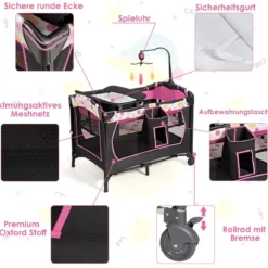 Babybett 4 in 1 Klappbares Reisebett & Beistellbett & Wickeltisch & Laufstall Schwarz+Rosa