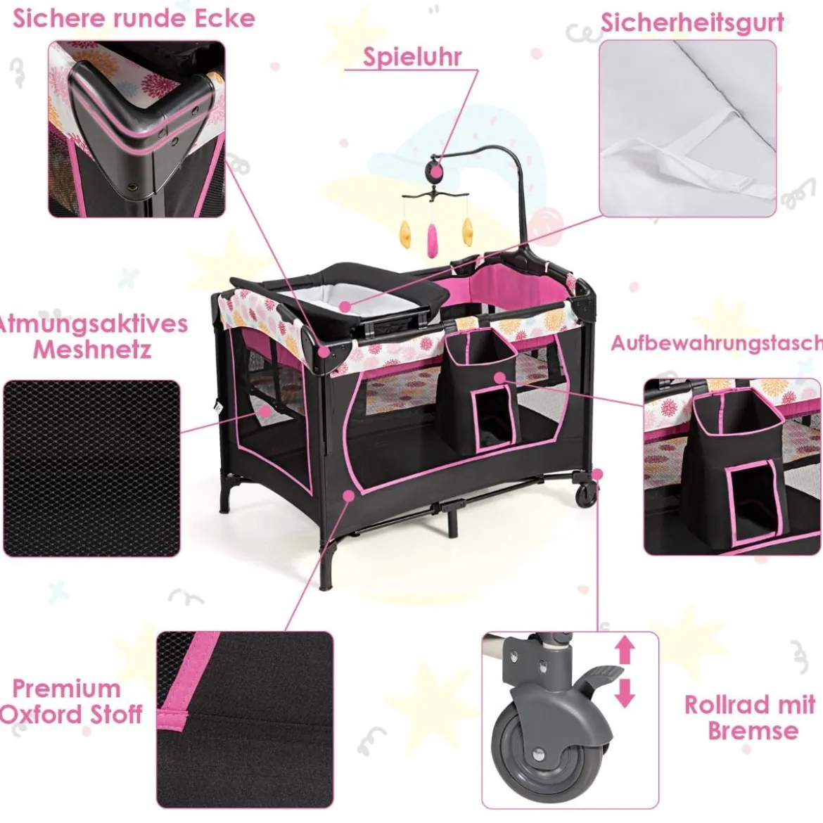 Babybett 4 in 1 Klappbares Reisebett & Beistellbett & Wickeltisch & Laufstall Schwarz+Rosa