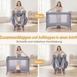 Babybett Klappbar auf Rollen mit Bremse Beistellbett mit Matratze & Abnehmbarem Wickeltisch Grau
