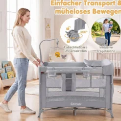 Babybett Klappbar auf Rollen mit Bremse Beistellbett mit Matratze & Abnehmbarem Wickeltisch Grau