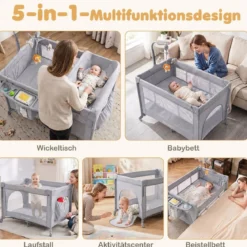 Babybett Klappbar auf Rollen mit Bremse Beistellbett mit Matratze & Abnehmbarem Wickeltisch Grau