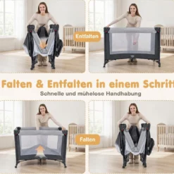 Babybett Klappbar auf Rollen mit Bremse Beistellbett mit Matratze & Abnehmbarem Wickeltisch Schwarz