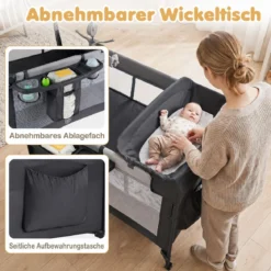Babybett Klappbar auf Rollen mit Bremse Beistellbett mit Matratze & Abnehmbarem Wickeltisch Schwarz
