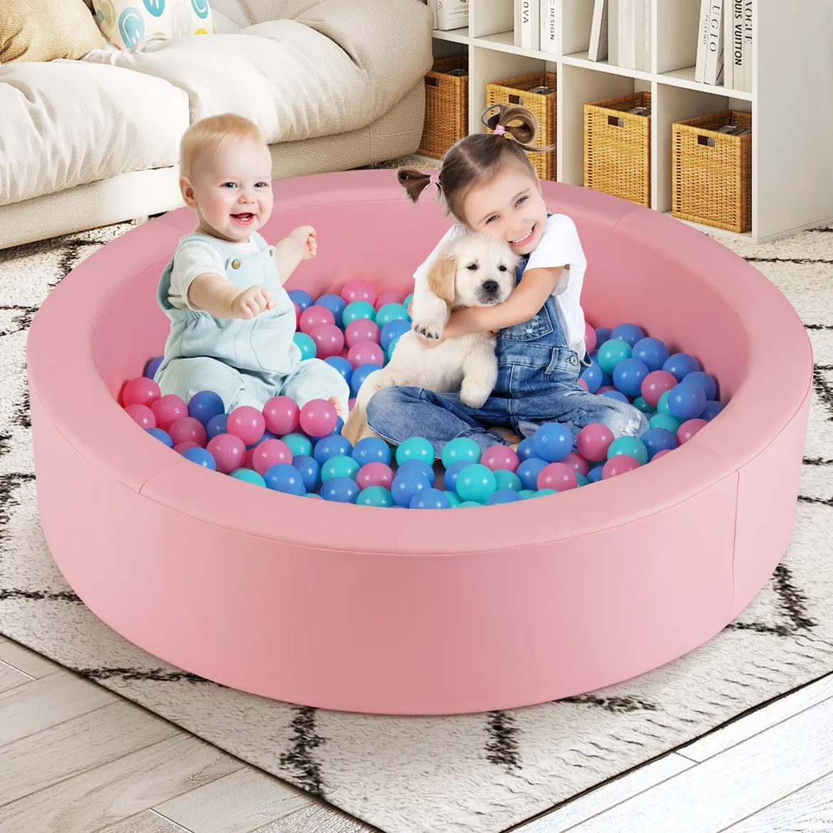 Φ105 Baby Bällebad mit 200 Ozeanbällen & Waschbarer Kunstlederbezug Bällepool Ballbecken Rosa