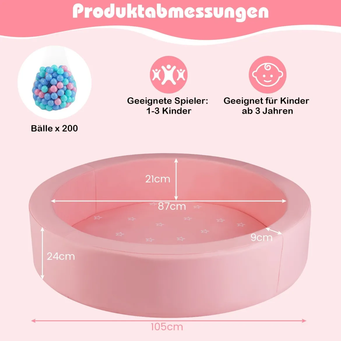 Φ105 Baby Bällebad mit 200 Ozeanbällen & Waschbarer Kunstlederbezug Bällepool Ballbecken Rosa