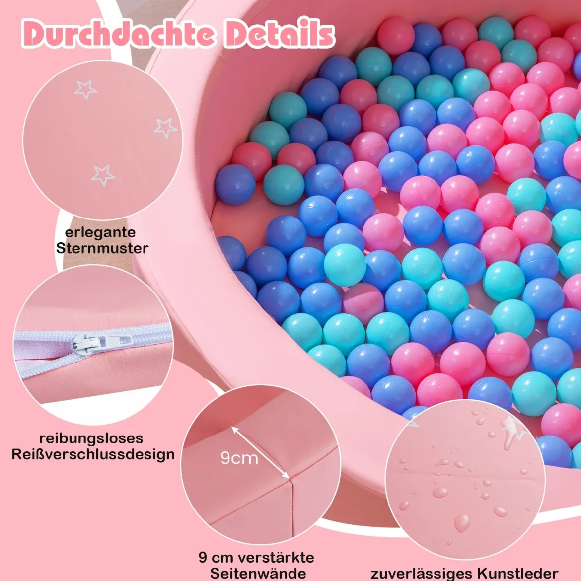 Φ105 Baby Bällebad mit 200 Ozeanbällen & Waschbarer Kunstlederbezug Bällepool Ballbecken Rosa