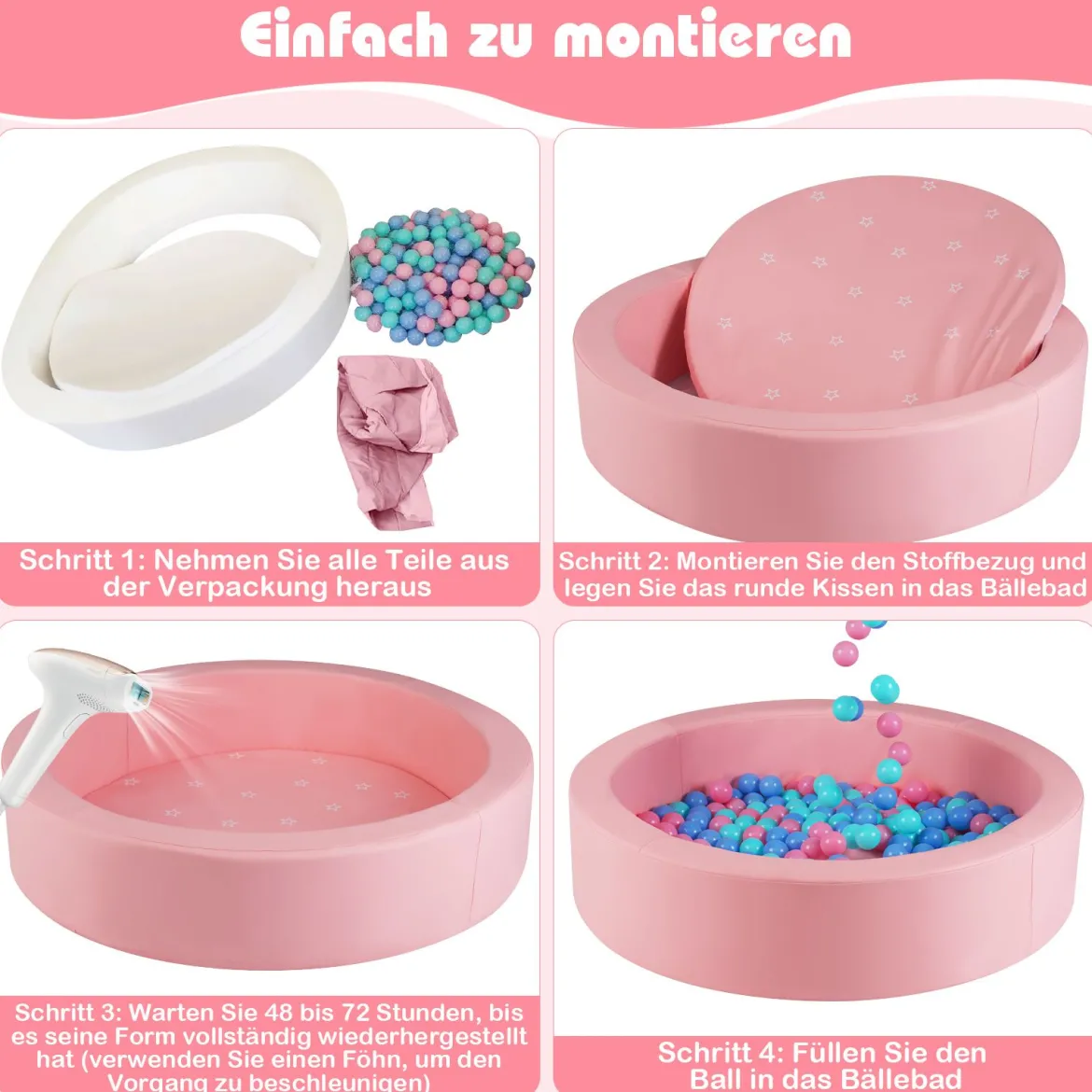 Φ105 Baby Bällebad mit 200 Ozeanbällen & Waschbarer Kunstlederbezug Bällepool Ballbecken Rosa