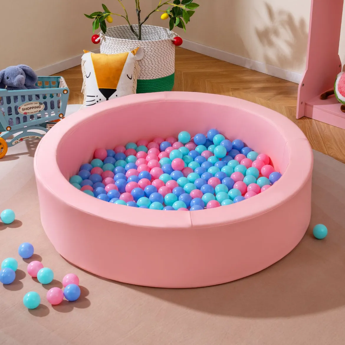 Φ105 Baby Bällebad mit 200 Ozeanbällen & Waschbarer Kunstlederbezug Bällepool Ballbecken Rosa