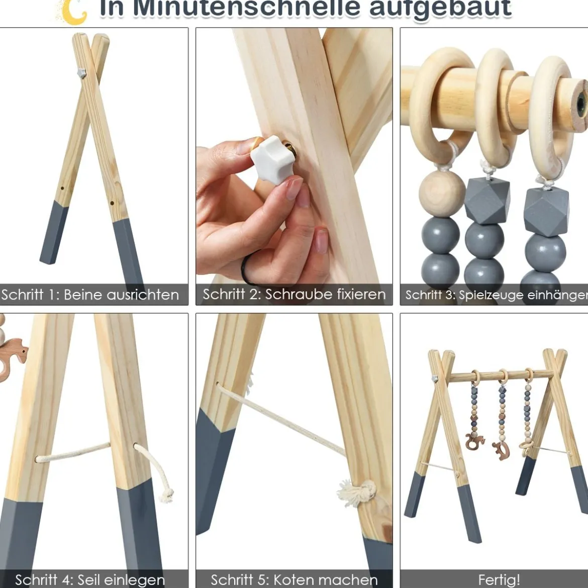 Baby Gym Babyspielgerät Spieltrapez Spielbogen Holzspielzeug Aktivitätszentrum mit 3 Kinderspielzeugen
