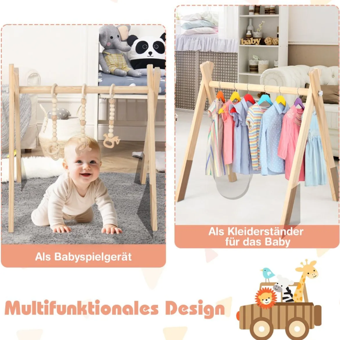 Baby Gym Babyspielgerät Spieltrapez Spielbogen Holzspielzeug Aktivitätszentrum mit 3 Kinderspielzeugen