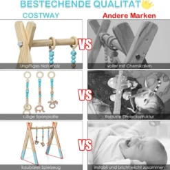 Baby Gym Babyspielgerät Spieltrapez Spielbogen Holzspielzeug Aktivitätszentrum mit 3 Kinderspielzeugen