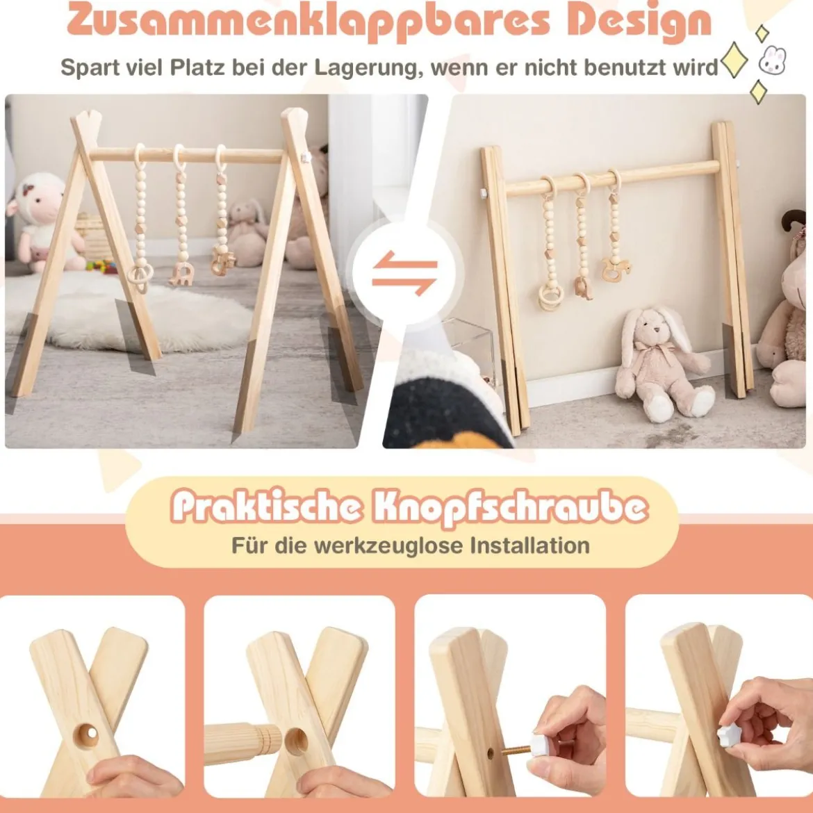 Baby Gym Babyspielgerät Spieltrapez Spielbogen Holzspielzeug Aktivitätszentrum mit 3 Kinderspielzeugen