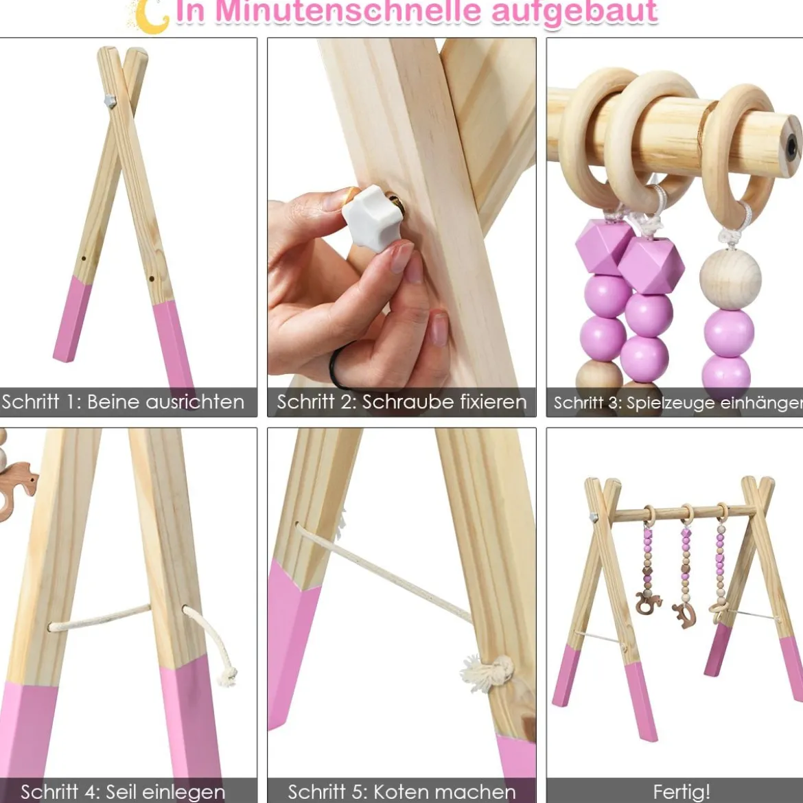 Baby Gym Babyspielgerät Spieltrapez Spielbogen Holzspielzeug Aktivitätszentrum mit 3 Kinderspielzeugen