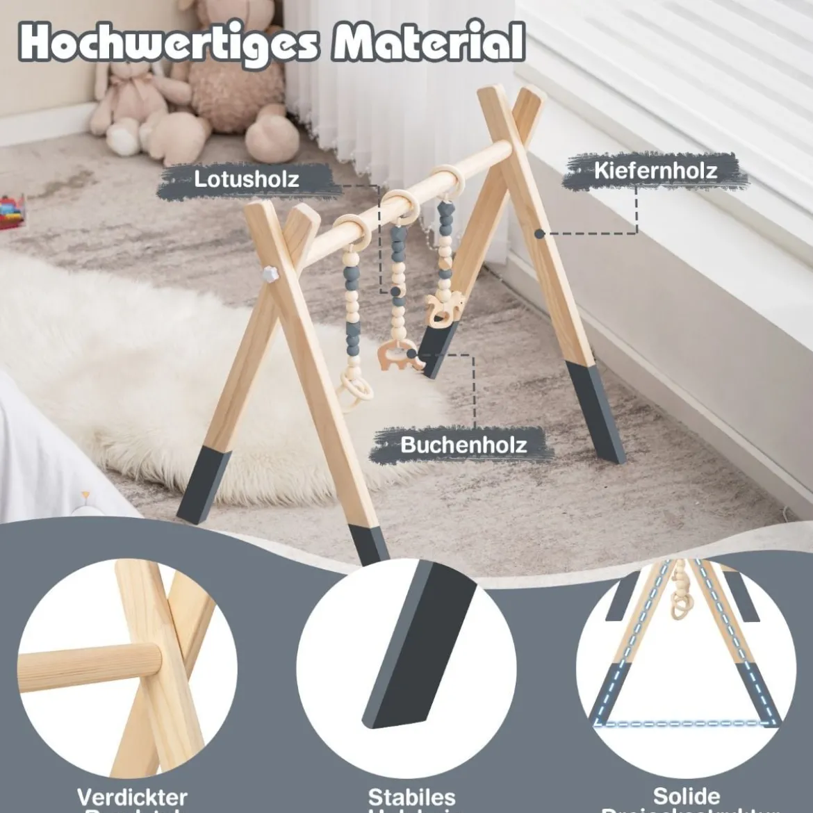 Baby Gym Babyspielgerät Spieltrapez Spielbogen Holzspielzeug Aktivitätszentrum mit 3 Kinderspielzeugen
