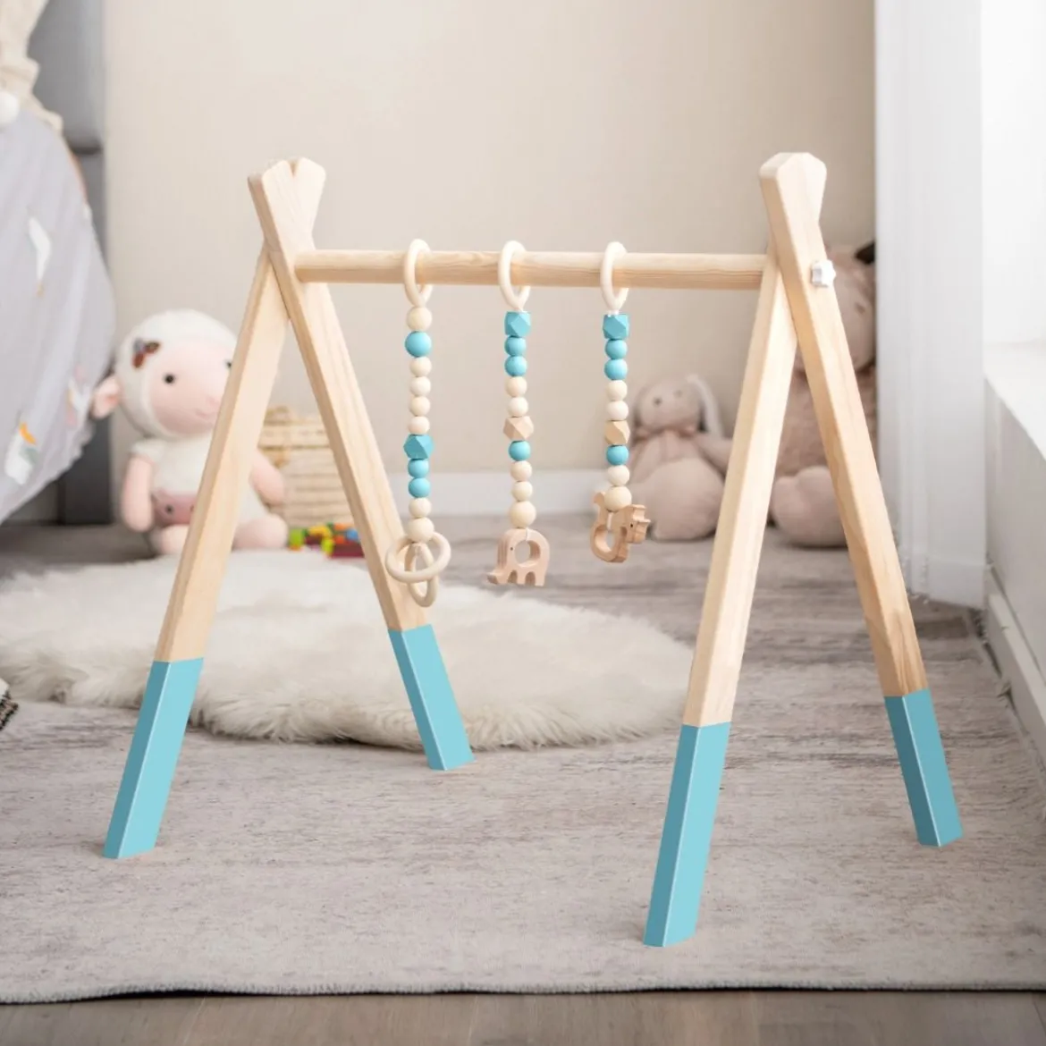 Baby Gym Babyspielgerät Spieltrapez Spielbogen Holzspielzeug Aktivitätszentrum mit 3 Kinderspielzeugen