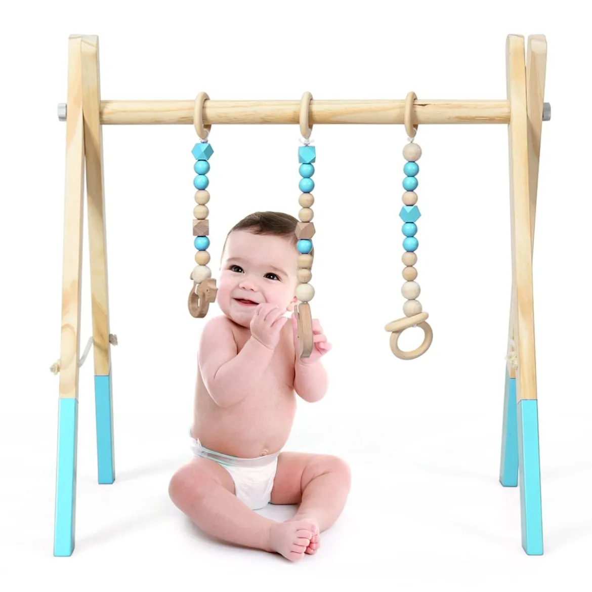 Baby Gym Babyspielgerät Spieltrapez Spielbogen Holzspielzeug Aktivitätszentrum mit 3 Kinderspielzeugen