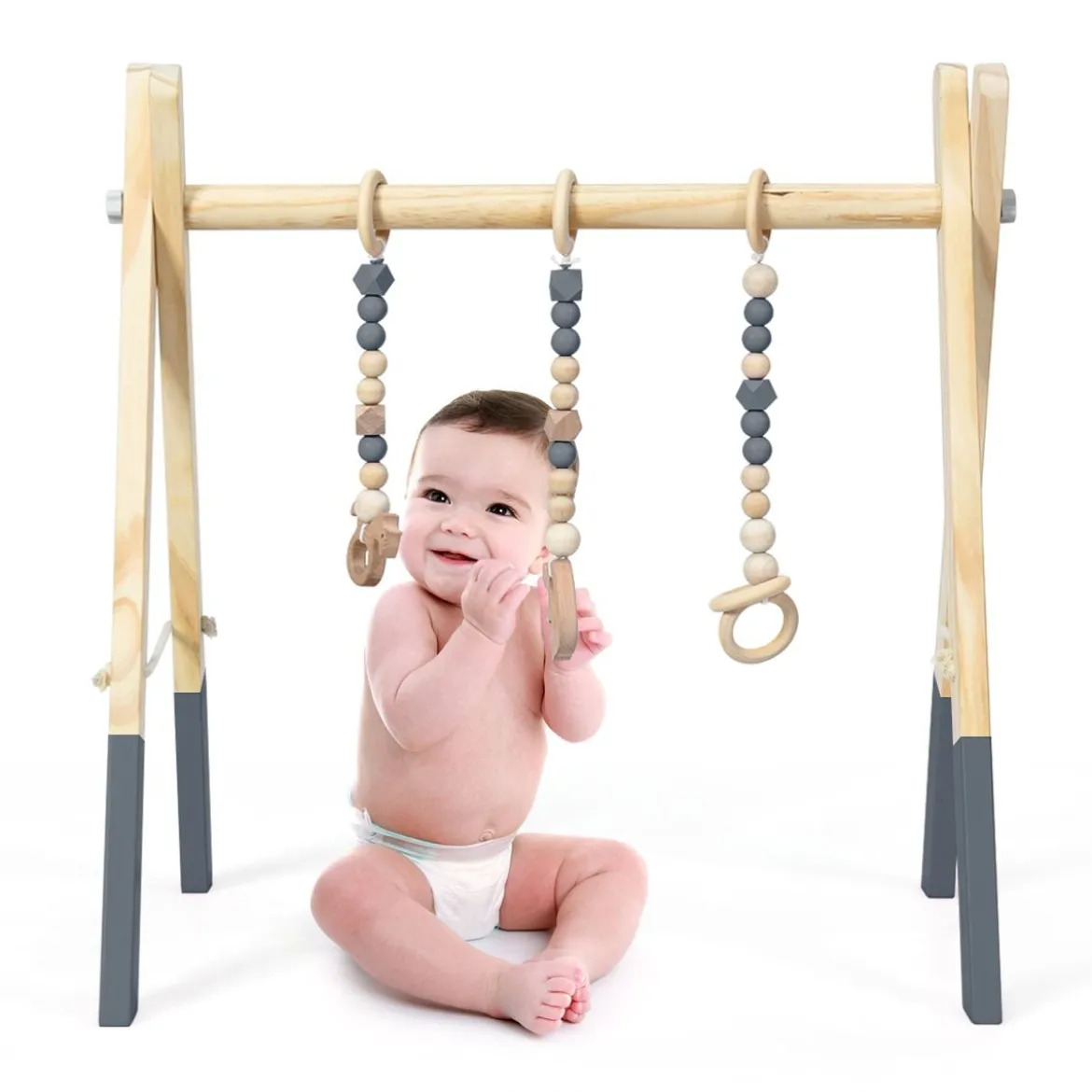 Baby Gym Babyspielgerät Spieltrapez Spielbogen Holzspielzeug Aktivitätszentrum mit 3 Kinderspielzeugen