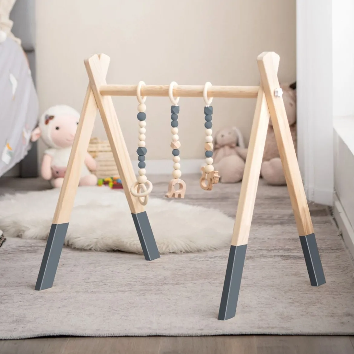 Baby Gym Babyspielgerät Spieltrapez Spielbogen Holzspielzeug Aktivitätszentrum mit 3 Kinderspielzeugen