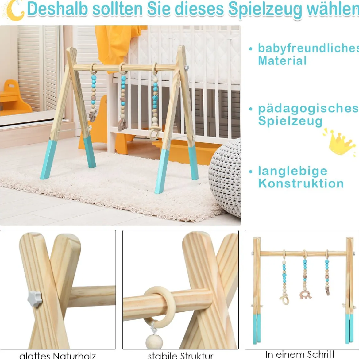 Baby Gym Babyspielgerät Spieltrapez Spielbogen Holzspielzeug Aktivitätszentrum mit 3 Kinderspielzeugen