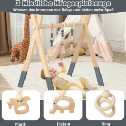 Baby Gym Babyspielgerät Spieltrapez Spielbogen Holzspielzeug Aktivitätszentrum mit 3 Kinderspielzeugen