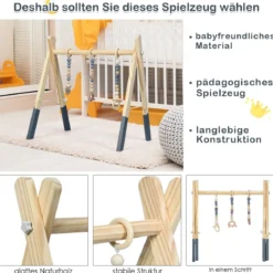 Baby Gym Babyspielgerät Spieltrapez Spielbogen Holzspielzeug Aktivitätszentrum mit 3 Kinderspielzeugen