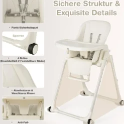 Babyhochstuhl Faltbarer Hochstuhl mit 6 Verstellbaren Höhen Esszimmerstuhl für Kleinkinder Beige