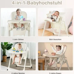 Babyhochstuhl Faltbarer Hochstuhl mit 6 Verstellbaren Höhen Esszimmerstuhl für Kleinkinder Beige