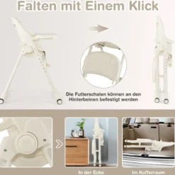 Babyhochstuhl Faltbarer Hochstuhl mit 6 Verstellbaren Höhen Esszimmerstuhl für Kleinkinder Beige