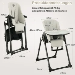 Babyhochstuhl Faltbarer Hochstuhl mit 6 Verstellbaren Höhen Esszimmerstuhl für Kleinkinder Grau