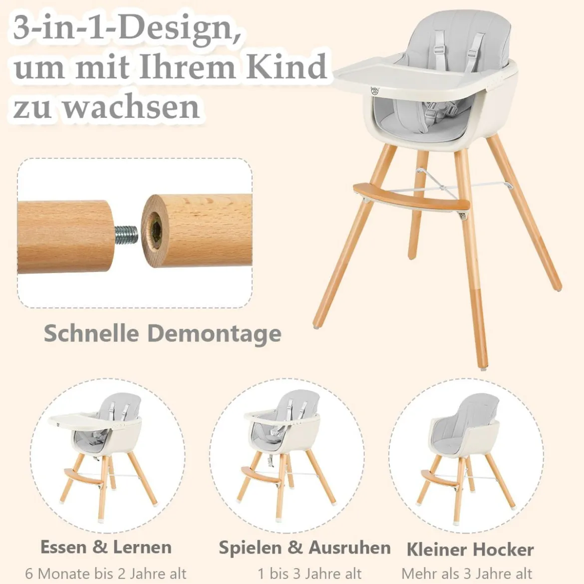 Babyhochstuhl Kinderhochstuhl Baby Treppenhochstuhl mit Einstellbares Esstischchen Grau