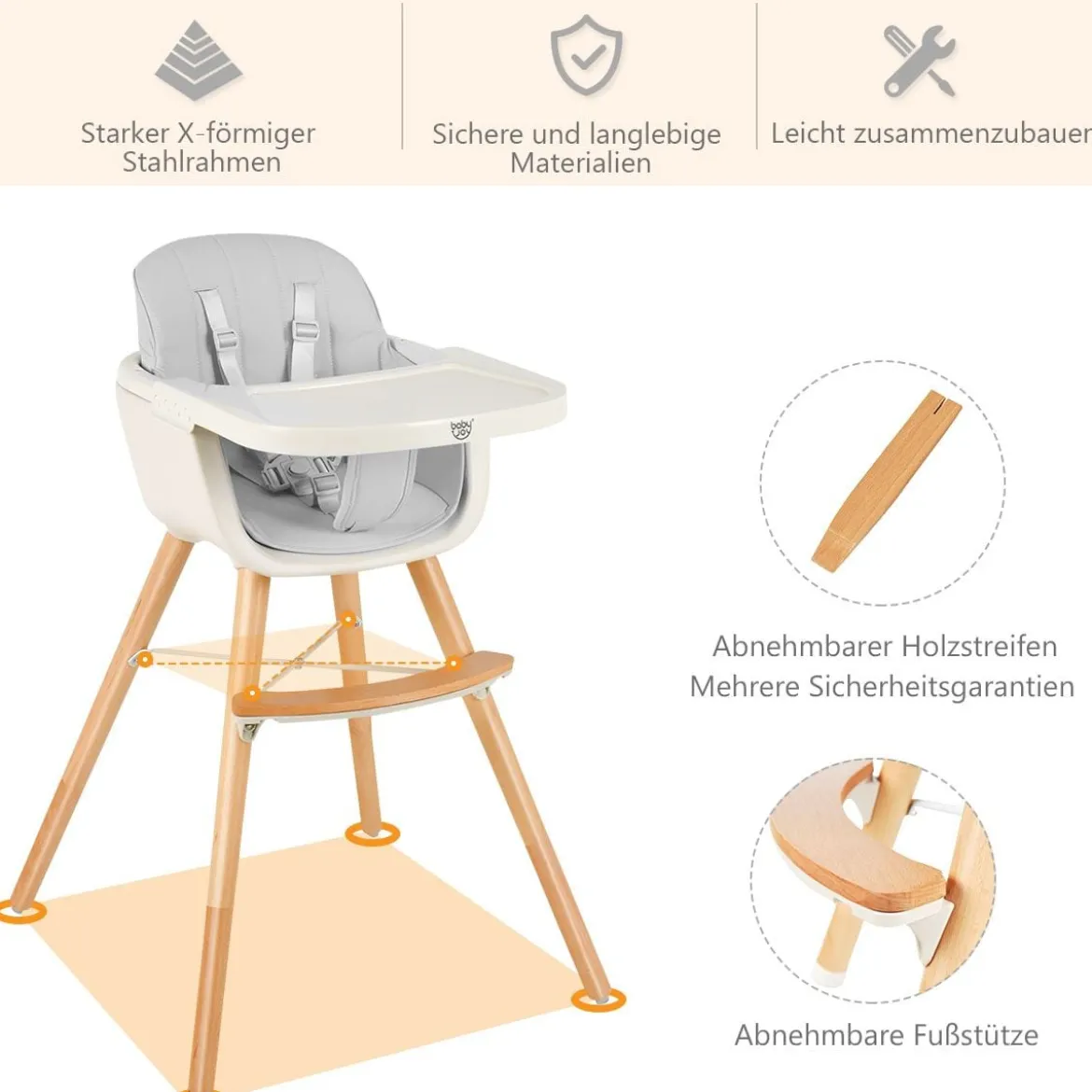 Babyhochstuhl Kinderhochstuhl Baby Treppenhochstuhl mit Einstellbares Esstischchen Grau