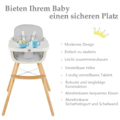 Babyhochstuhl Kinderhochstuhl Baby Treppenhochstuhl mit Einstellbares Esstischchen Grau
