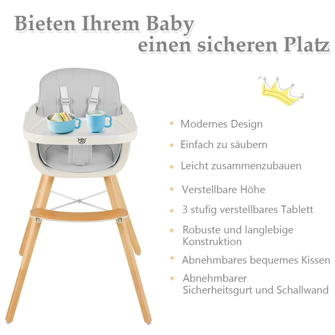 Babyhochstuhl Kinderhochstuhl Baby Treppenhochstuhl mit Einstellbares Esstischchen Grau
