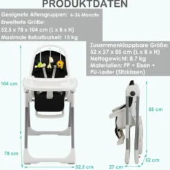 Babyhochstuhl Klappbar Hochstuhl Baby mit Liegefunktion 78 x 52,5 x 104 cm Schwarz