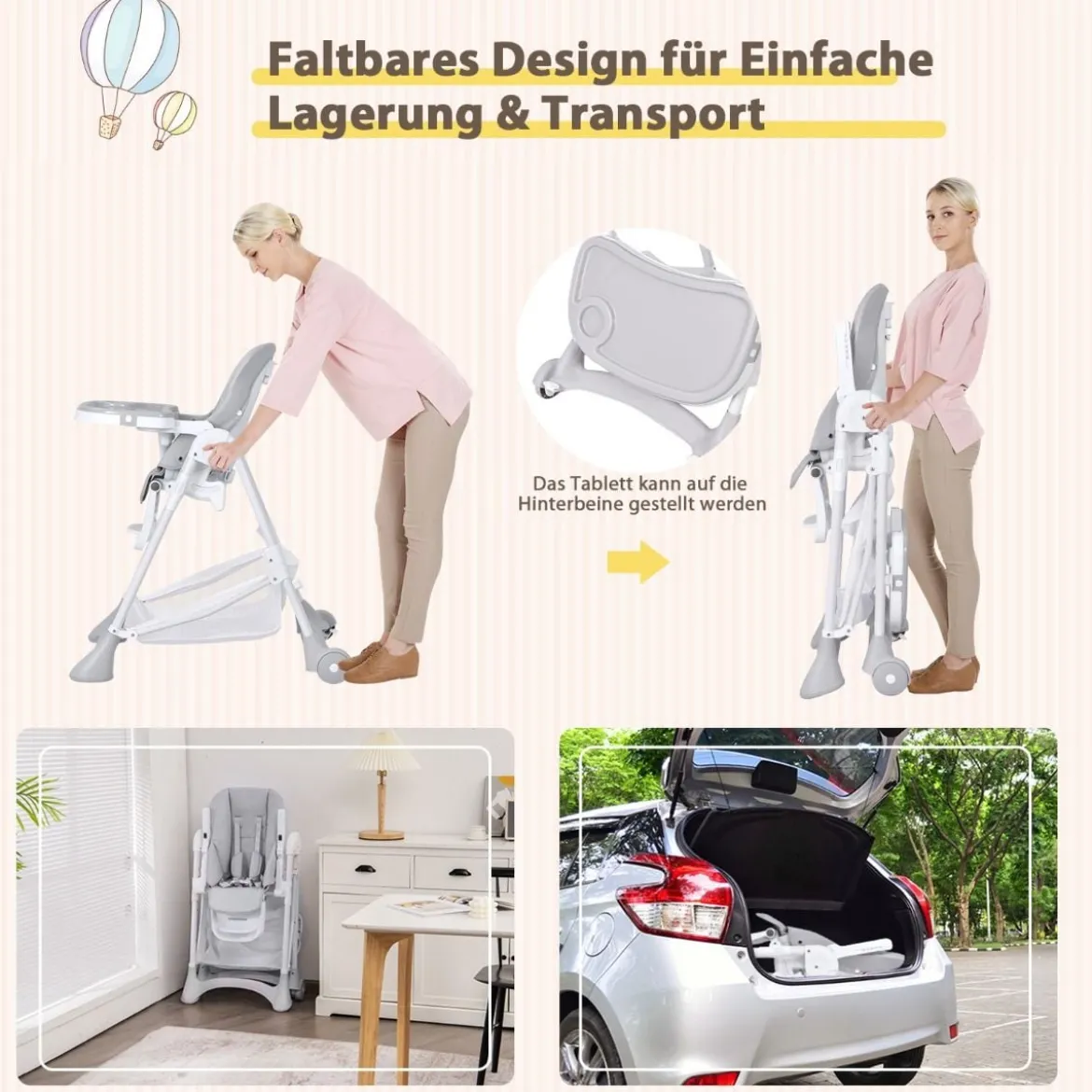 Baby Hochstuhl 5 stufige Rückenlehnenverstellung & 6 stufige Höhenverstellung Grau