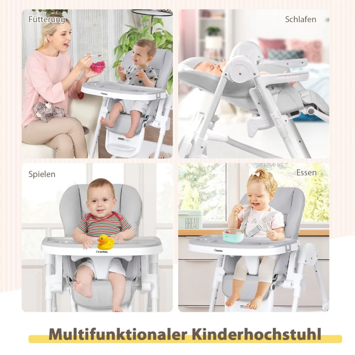 Baby Hochstuhl 5 stufige Rückenlehnenverstellung & 6 stufige Höhenverstellung Grau