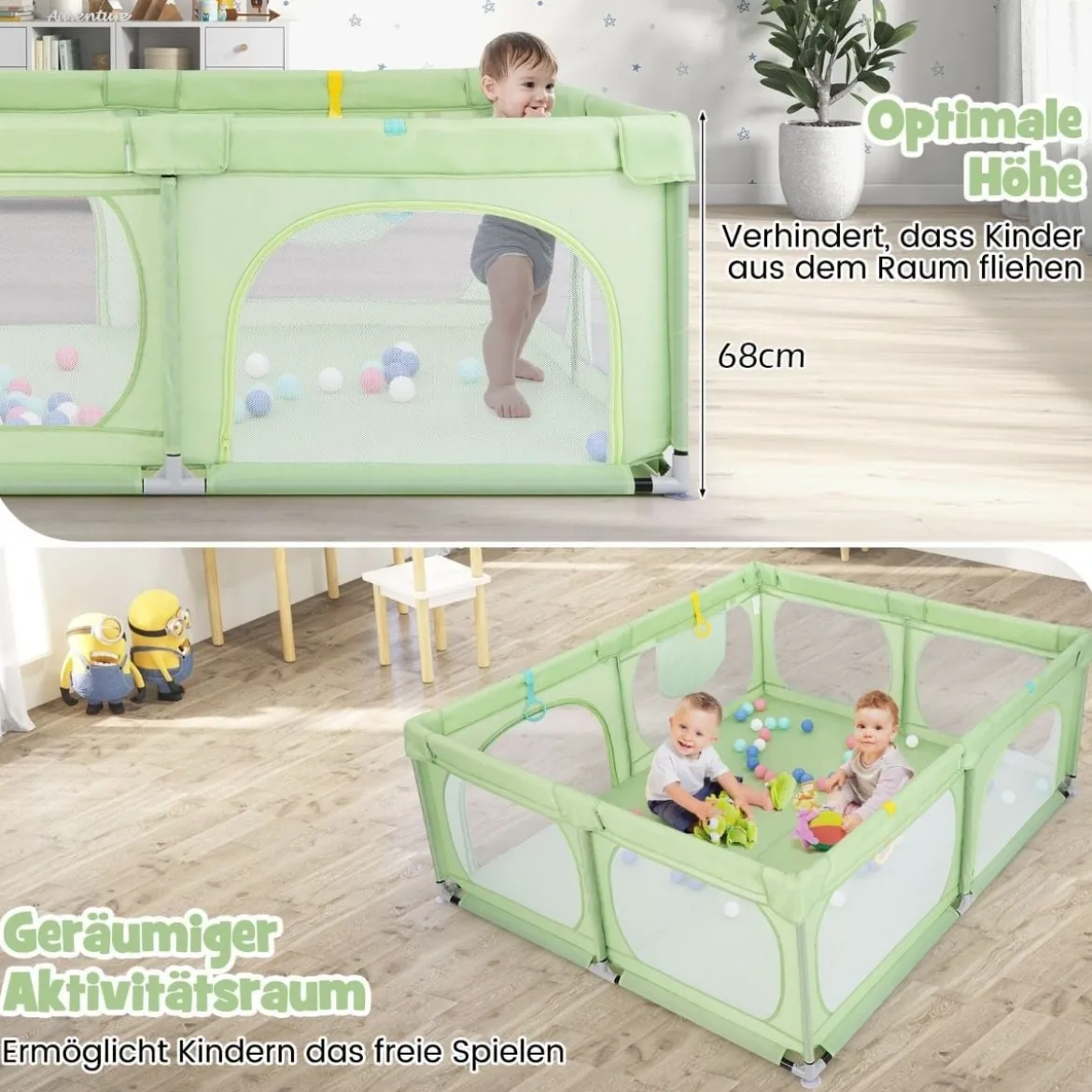 Baby-Laufgitter mit 4 Zugringen & 50 Ozeanbällen & Atmungsaktives Mesh & Tragetasche Grün