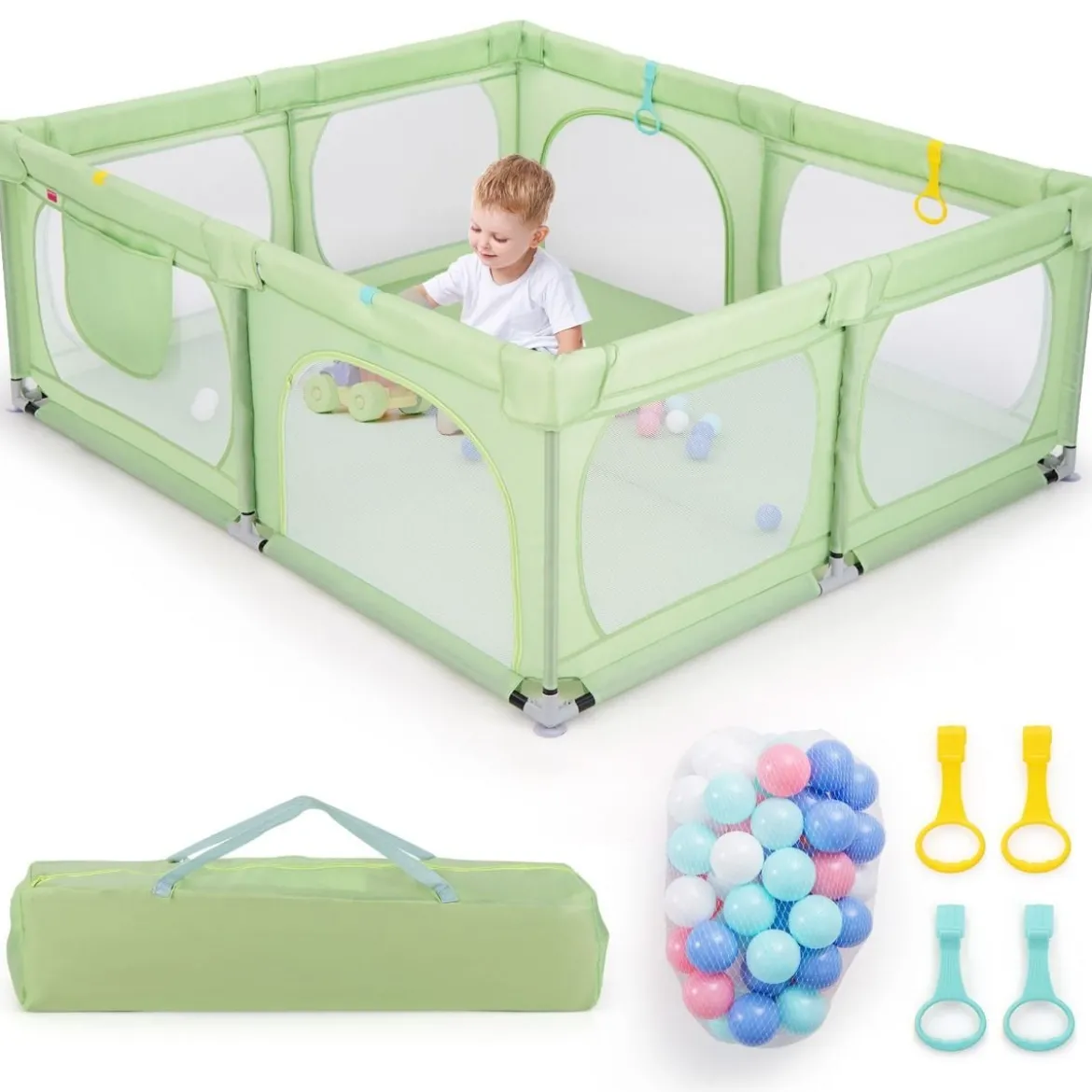 Baby-Laufgitter mit 4 Zugringen & 50 Ozeanbällen & Atmungsaktives Mesh & Tragetasche Grün