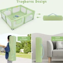 Baby-Laufgitter mit 4 Zugringen & 50 Ozeanbällen & Atmungsaktives Mesh & Tragetasche Grün
