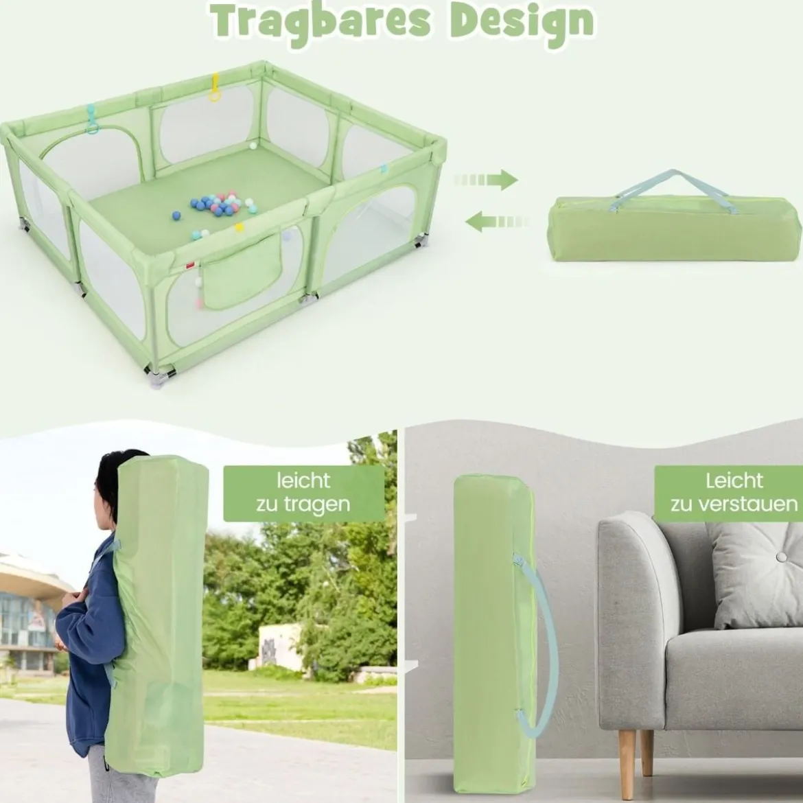 Baby-Laufgitter mit 4 Zugringen & 50 Ozeanbällen & Atmungsaktives Mesh & Tragetasche Grün