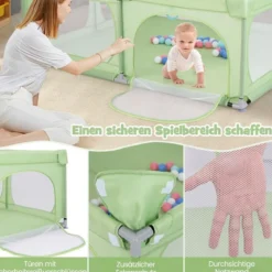 Baby-Laufgitter mit 4 Zugringen & 50 Ozeanbällen & Atmungsaktives Mesh & Tragetasche Grün