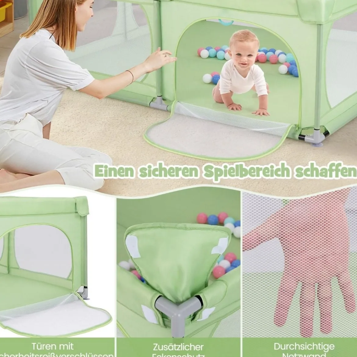Baby-Laufgitter mit 4 Zugringen & 50 Ozeanbällen & Atmungsaktives Mesh & Tragetasche Grün