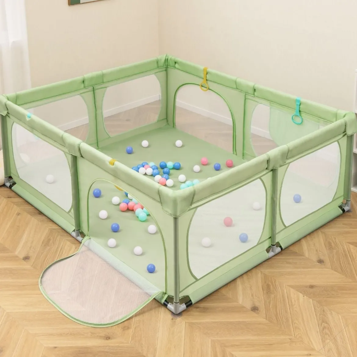 Baby-Laufgitter mit 4 Zugringen & 50 Ozeanbällen & Atmungsaktives Mesh & Tragetasche Grün