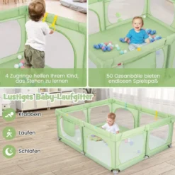Baby-Laufgitter mit 4 Zugringen & 50 Ozeanbällen & Atmungsaktives Mesh & Tragetasche Grün