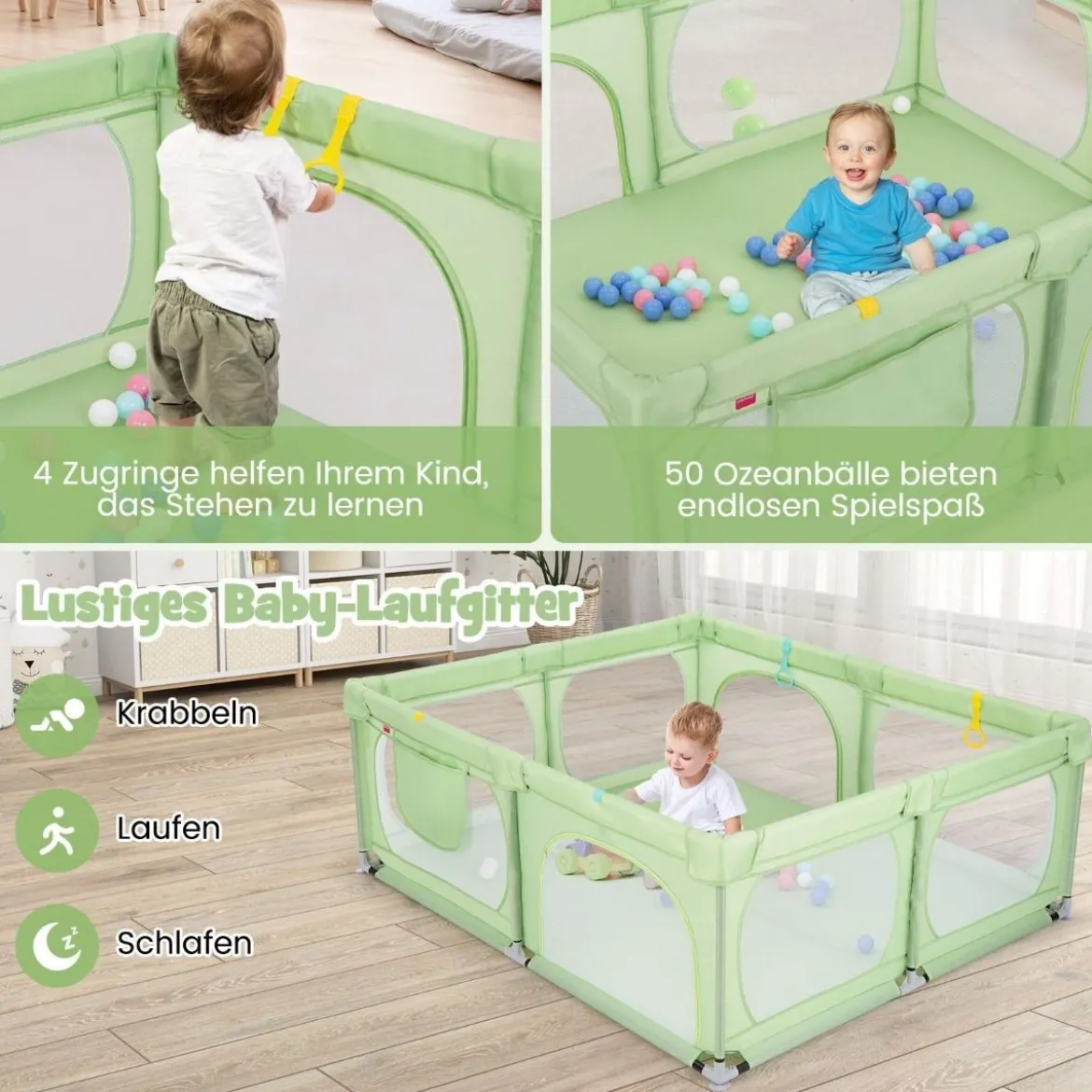 Baby-Laufgitter mit 4 Zugringen & 50 Ozeanbällen & Atmungsaktives Mesh & Tragetasche Grün