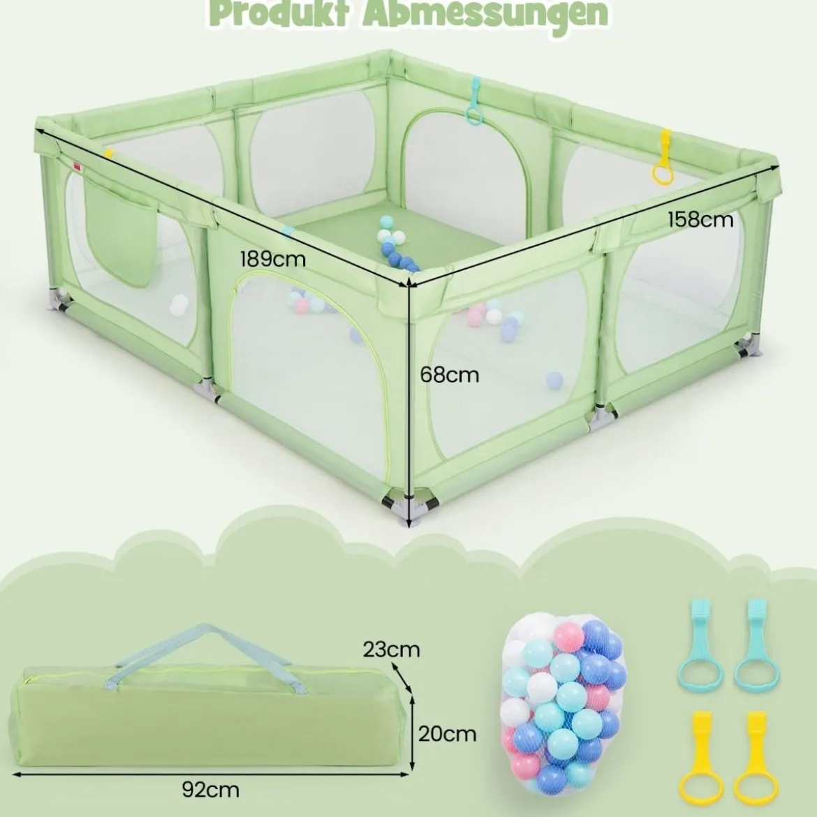 Baby-Laufgitter mit 4 Zugringen & 50 Ozeanbällen & Atmungsaktives Mesh & Tragetasche Grün