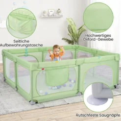 Baby-Laufgitter mit 4 Zugringen & 50 Ozeanbällen & Atmungsaktives Mesh & Tragetasche Grün