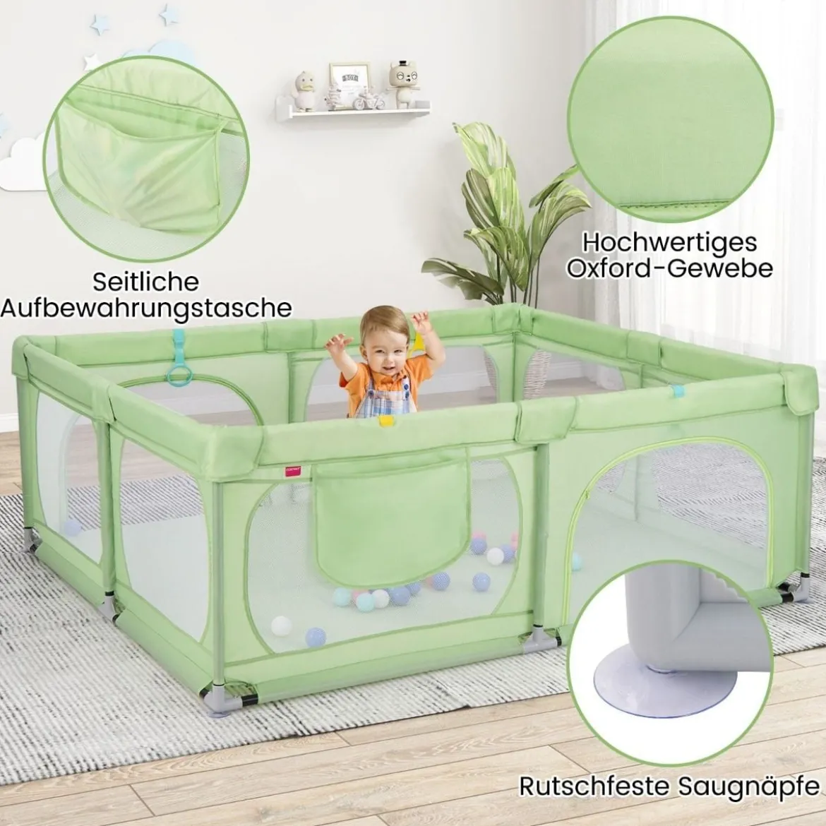Baby-Laufgitter mit 4 Zugringen & 50 Ozeanbällen & Atmungsaktives Mesh & Tragetasche Grün